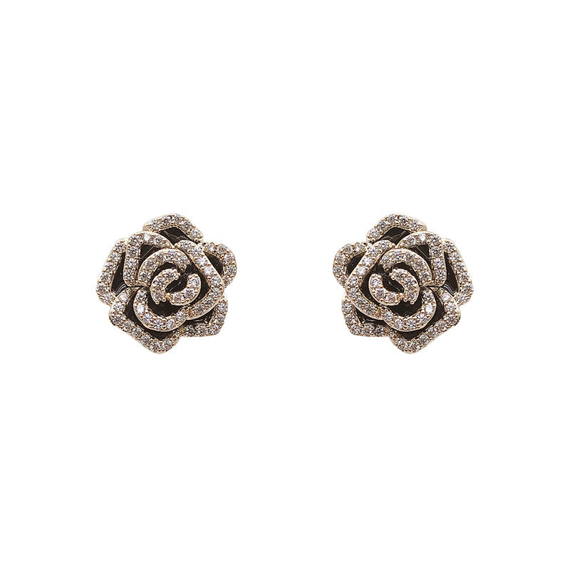 Small Diamond Camellia Flower Earrings