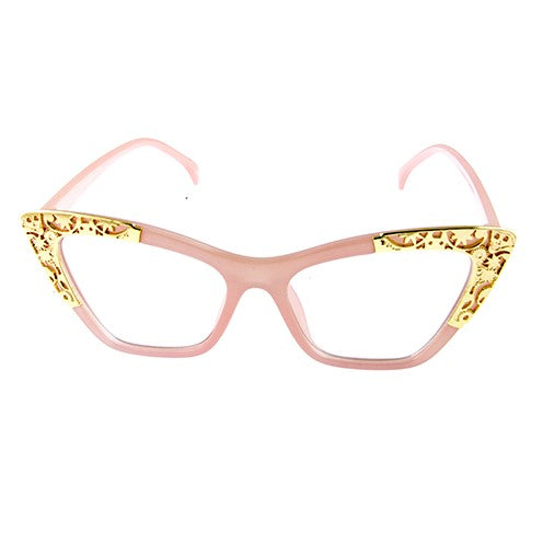 Pink Women’s Plastic & Metal High Pointed Engraved Cat Eye Clear Lenses