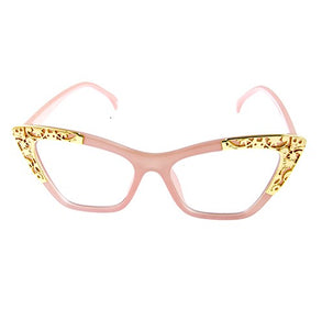 Pink Women’s Plastic & Metal High Pointed Engraved Cat Eye Clear Lenses