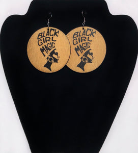 Round Wooden Engraved Black Girl Magic Headpiece Earrings