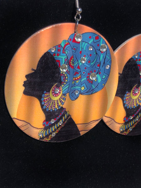 Vivid Woman's Side Profile Silhouette With Head Wrap Earrings