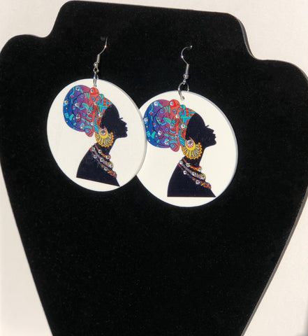 Round Wooden Earrings W/ African Colorful Head-Wrap Image