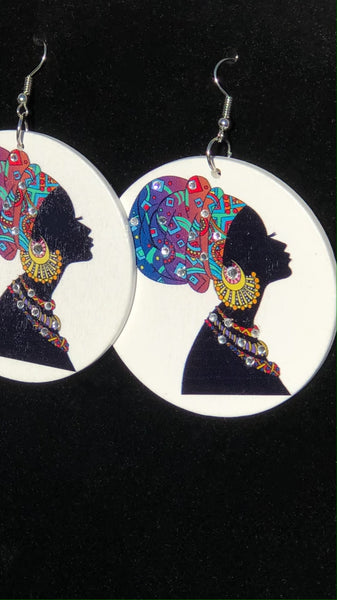 Round Wooden Earrings W/ African Colorful Head-Wrap Image