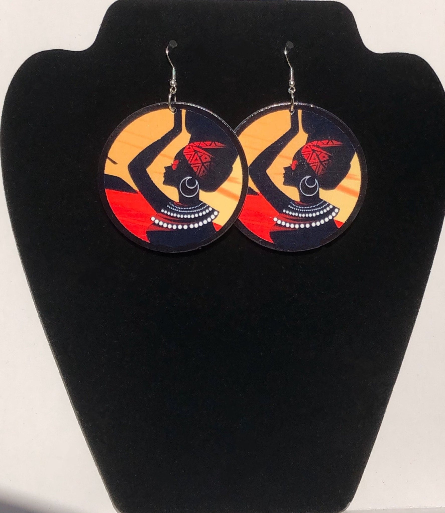 Round Wooden Earrings W/ African Woman