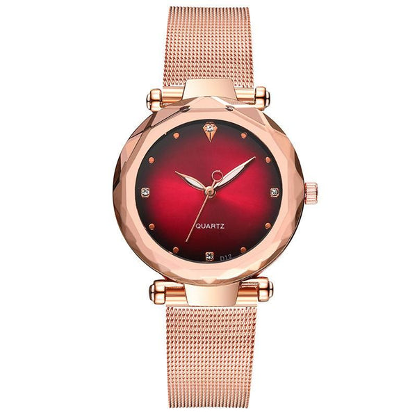 Women's Multilateral Rose Gold Mirror Mesh Belt Watch W/ Rhinestone Dial