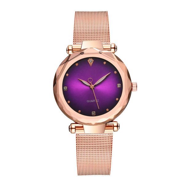 Women's Multilateral Rose Gold Mirror Mesh Belt Watch W/ Rhinestone Dial