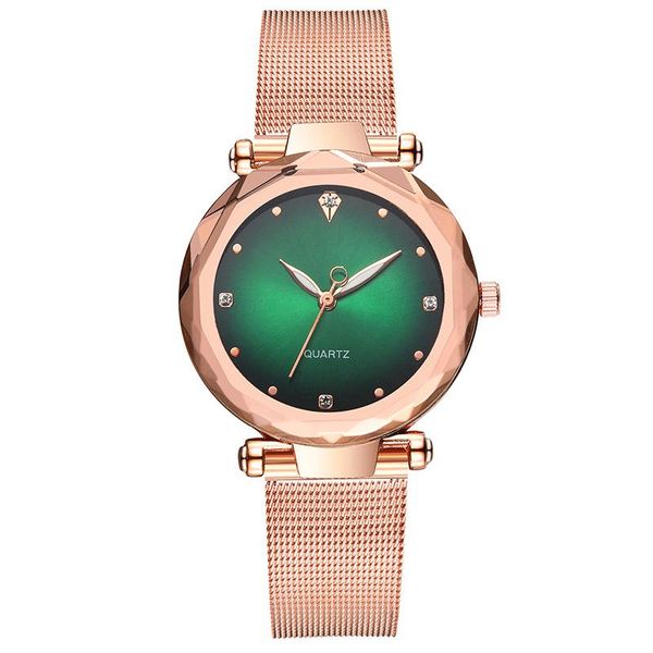 Women's Multilateral Rose Gold Mirror Mesh Belt Watch W/ Rhinestone Dial