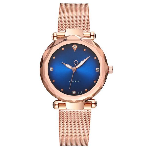 Women's Multilateral Rose Gold Mirror Mesh Belt Watch W/ Rhinestone Dial