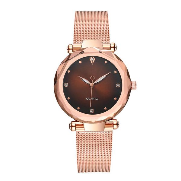 Women's Multilateral Rose Gold Mirror Mesh Belt Watch W/ Rhinestone Dial