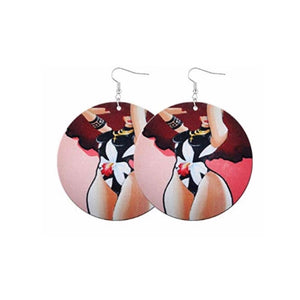 Round Wooden Earrings Printed  w/ Curvy Woman