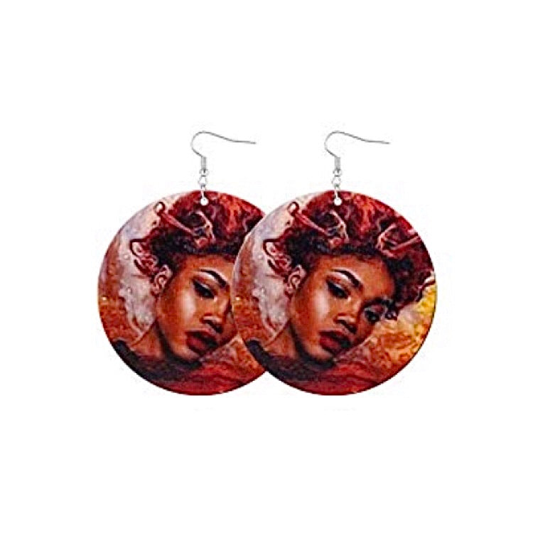 Round Wooden Earrings w/ Beautiful Black Woman Printed Image