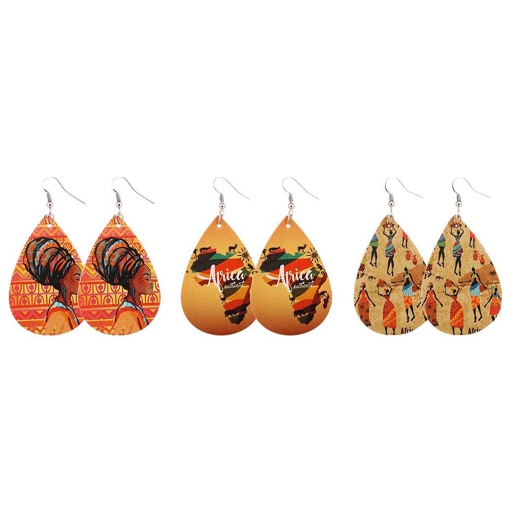 Faux Leather Teardrop Earrings w/ African Images