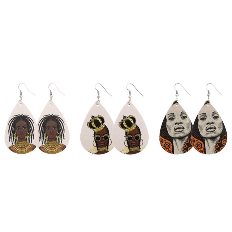 Faux Leather Teardrop Earrings w/ Images of Women