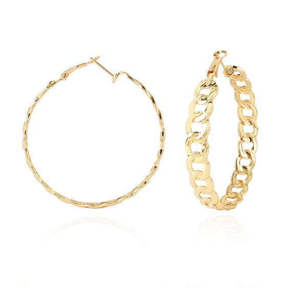 Flat Gold Alloy Chain Hoop Earrings